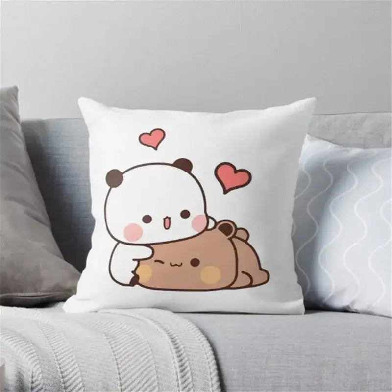 White throw pillow with cartoon animal printed panda hugging bear design featuring pink hearts decorbites animal printed pillowcase