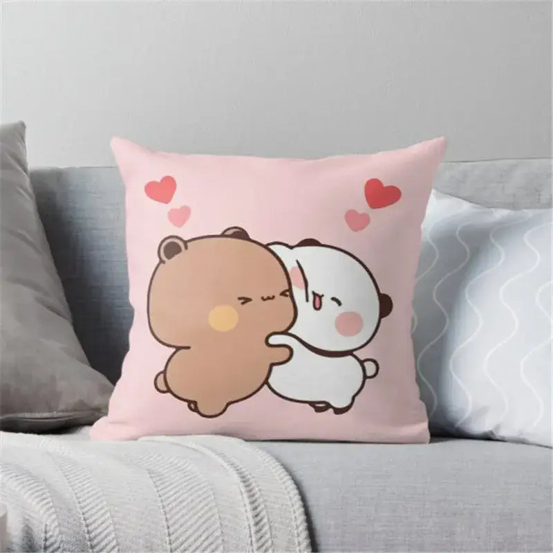 Pink bedroom cushion cover featuring decorbites cartoon animal printed pillowcase with two hugging bears and red hearts