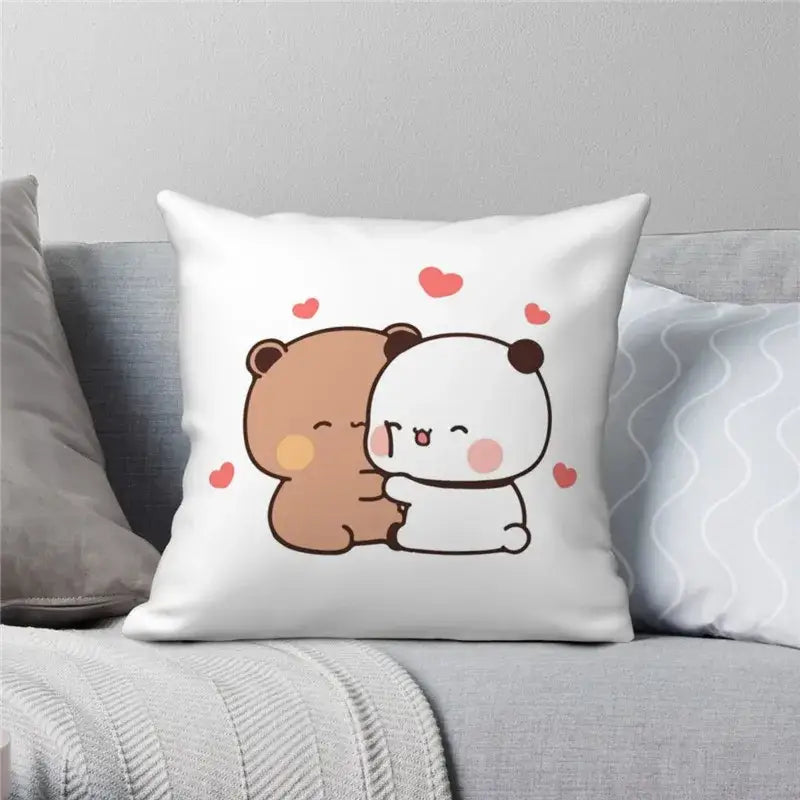 White square decorbites cartoon animal pillowcase featuring a brown bear and white panda hugging with red hearts