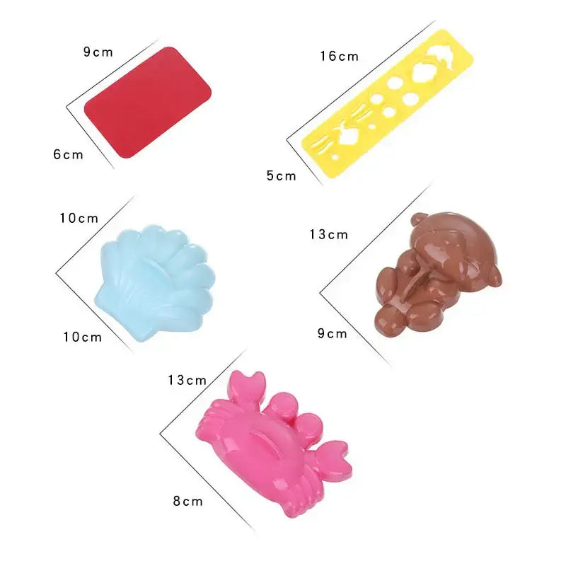 Set of colorful plastic cartoon animal sushi mold set including red mold, yellow stencil, blue seashell, brown bear, and pink crab