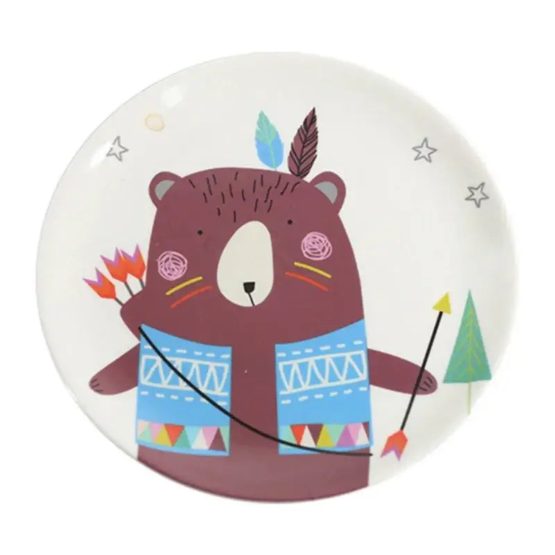 White ceramic bone snack plate featuring a cartoon brown bear with colorful feathers and geometric patterns on vest