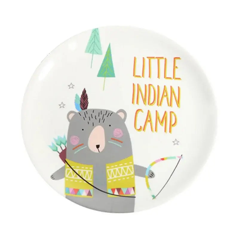 White ceramic bone snack plate featuring a cartoon gray bear dressed as an indian with colorful geometric patterns for decorbites snack plate set