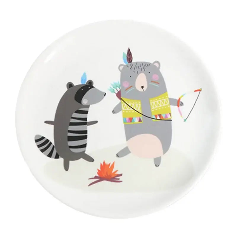 White ceramic bone snack plate featuring cartoon animals in tribal gear near campfire from decorbites snack plate set