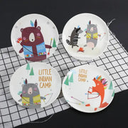 Set of four white ceramic bone snack plates with colorful cartoon animals and tribal patterns for dining room decorbites bone snack