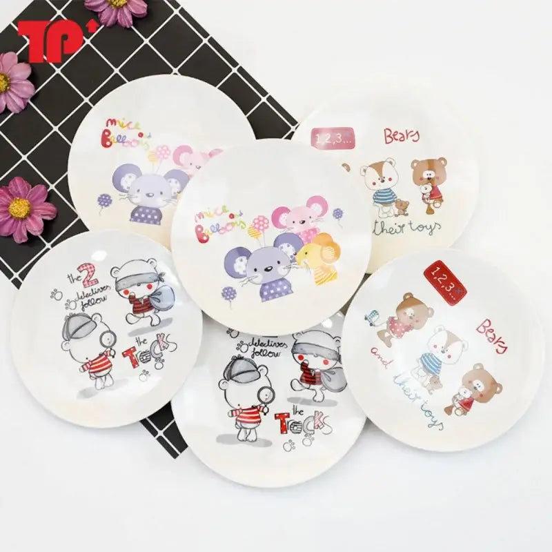 Set of six white ceramic decorbites bone snack plates with colorful cartoon mice bears and detective illustrations