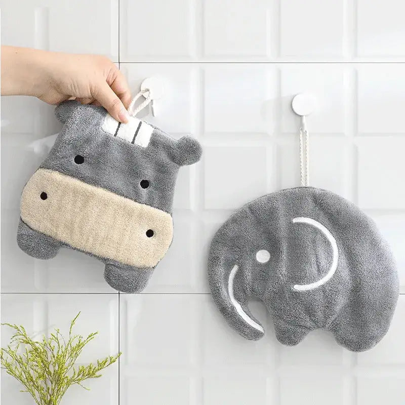 Gray plush hippo and elephant coral velvet hand towel with embroidered faces for decorbites cartoon animals bathroom decor