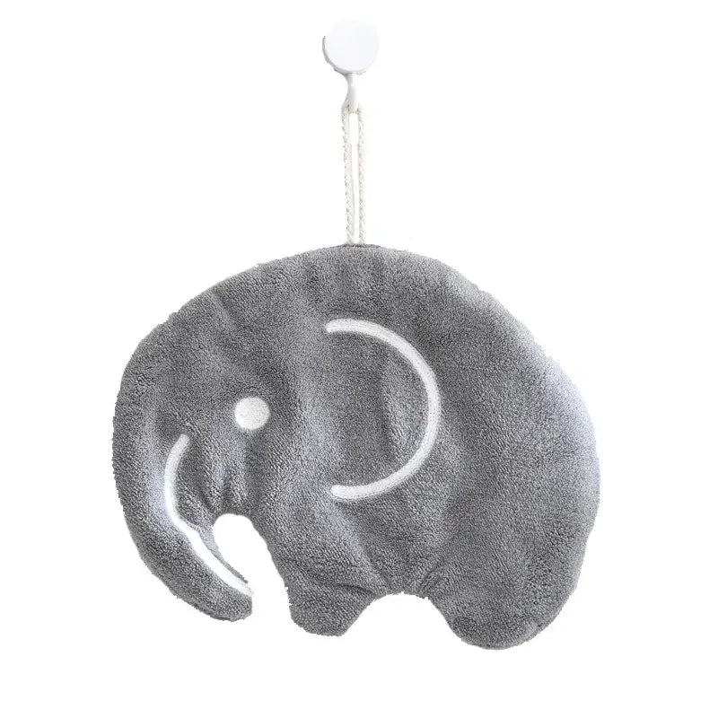 Gray plush elephant-shaped hand towel with white embroidered details coral velvet decorbites cartoon animals decorbites cartoon animals coral