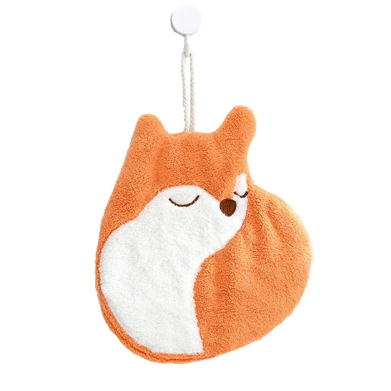 Orange and white plush fox-shaped bath sponge with embroidered face from decorbites cartoon animals coral hand towel set
