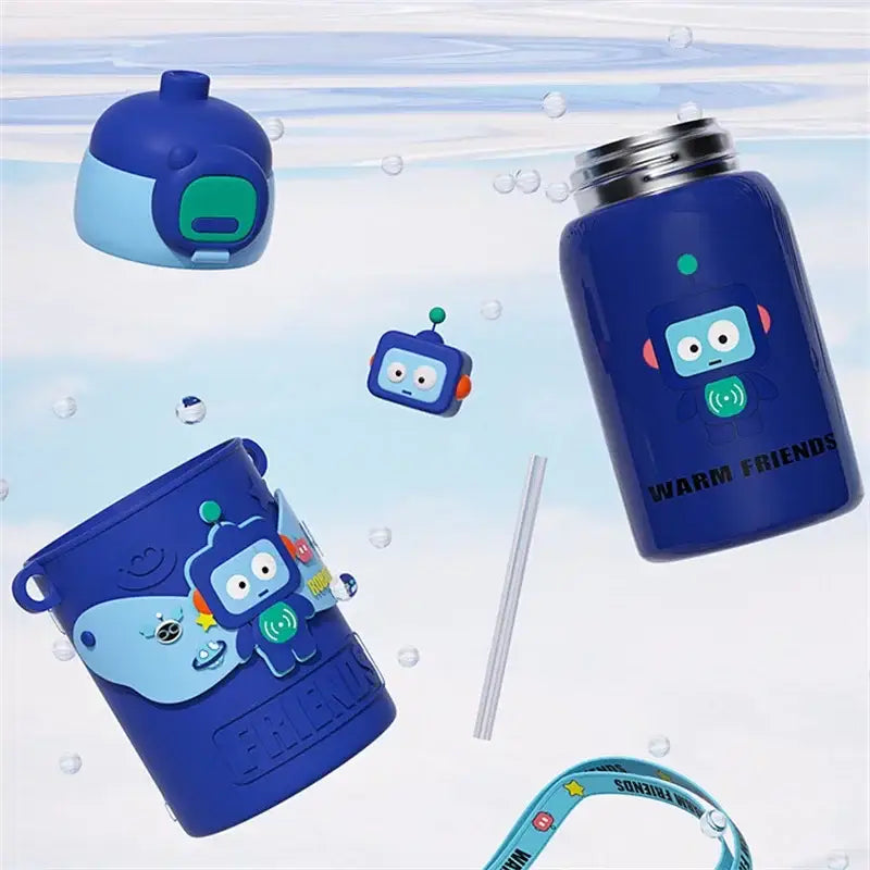 Blue stainless steel cartoon animals insulated water bottle with silver lid featuring decorbites cartoon animals decals