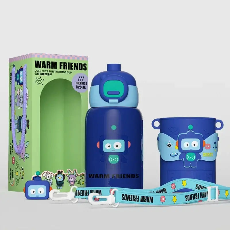 Blue and light blue stainless steel cartoon animals insulated thermos with green lid featuring decorbites cartoon animals design