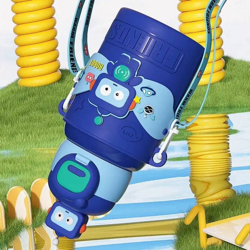 Blue robot-themed stainless steel cartoon animals insulated mug with light blue and teal accents for kids kitchen decorbites cartoon animals