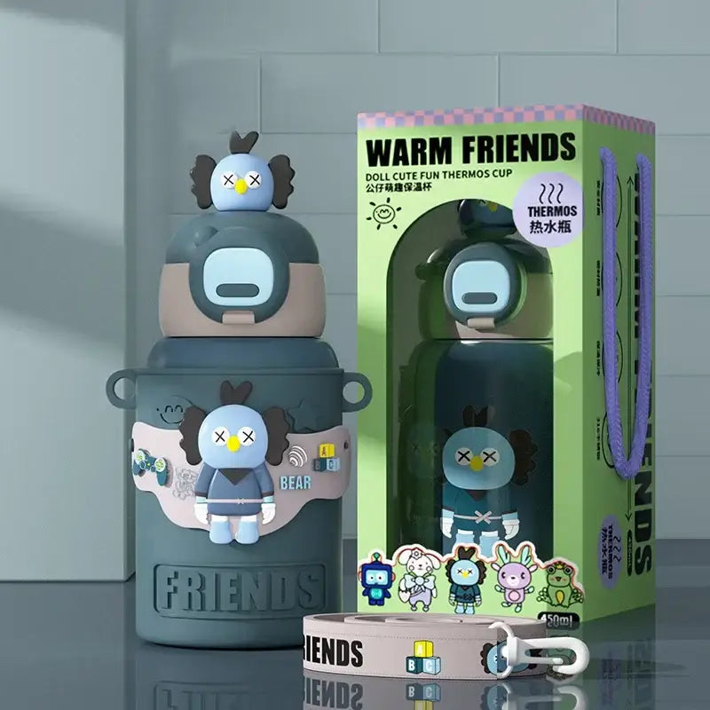 Gray and beige decorbites cartoon animals insulated stainless steel mug with x-eyed bird lid for kids kitchen use