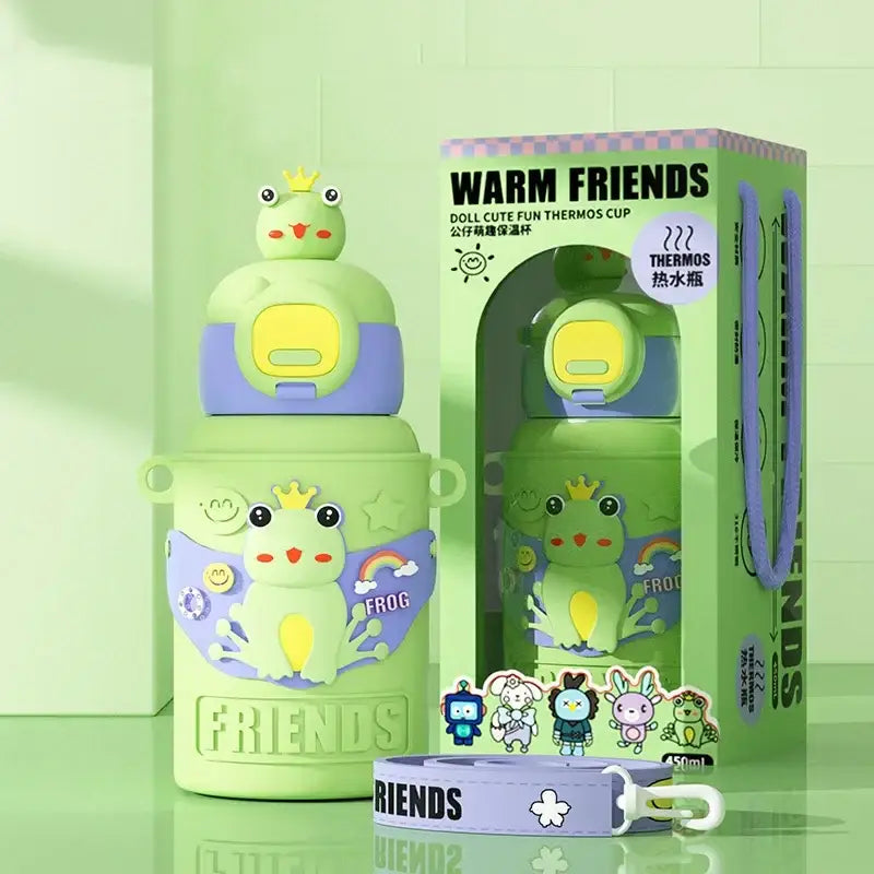 A lime green stainless steel decorbites cartoon animals insulated thermos cup with purple yellow lid and frog design