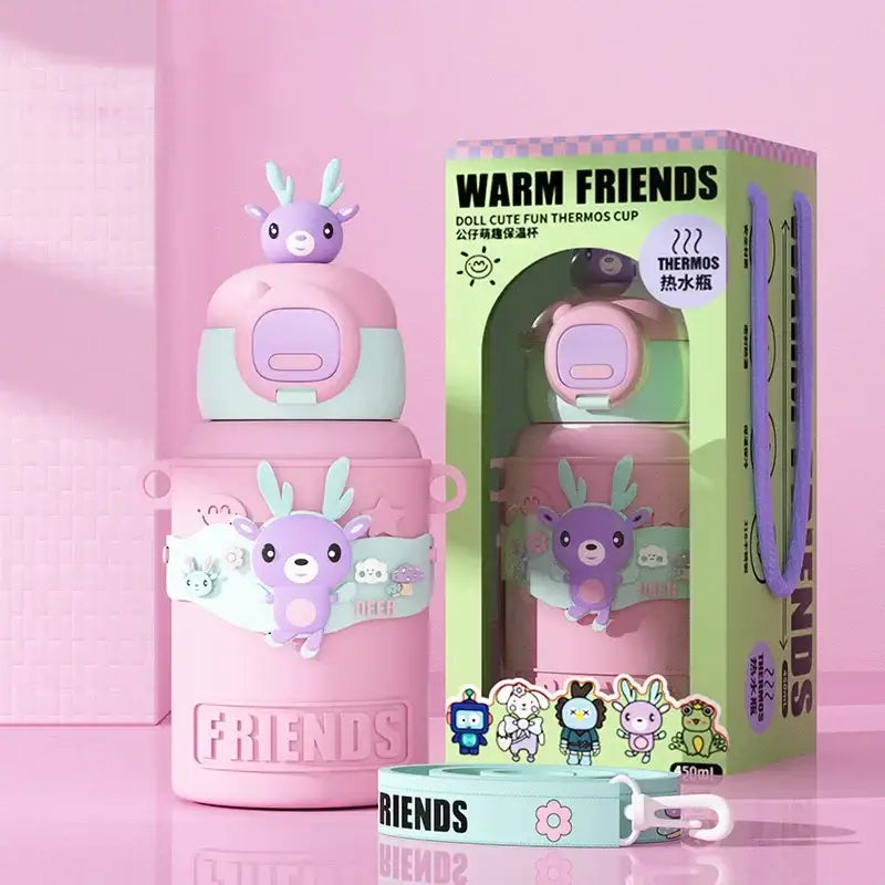 Pink and lavender deer-themed cartoon animals insulated stainless steel mug with plush decorbites design for kids kitchen