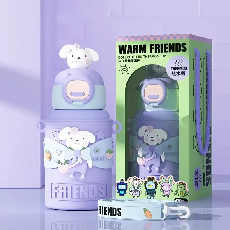Purple and light blue cartoon animals insulated stainless steel mug with cute bunny design and soft silicone grip for kids