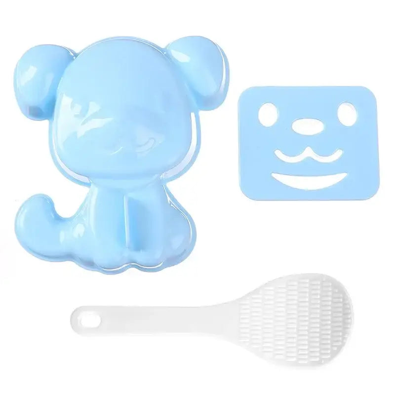 Light blue plastic bear-shaped rice mold set with face stencil and white silicone paddle for decorbites cartoon animals sushi