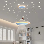 Whimsical white and blue cartoon astronaut chandelier ufo pendant light with astronaut figurine for bedroom decorbites decor