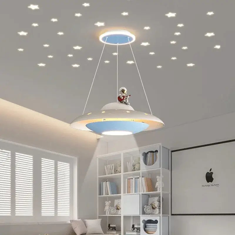 Whimsical white and blue cartoon astronaut chandelier ufo pendant light with astronaut figurine for bedroom decorbites decor