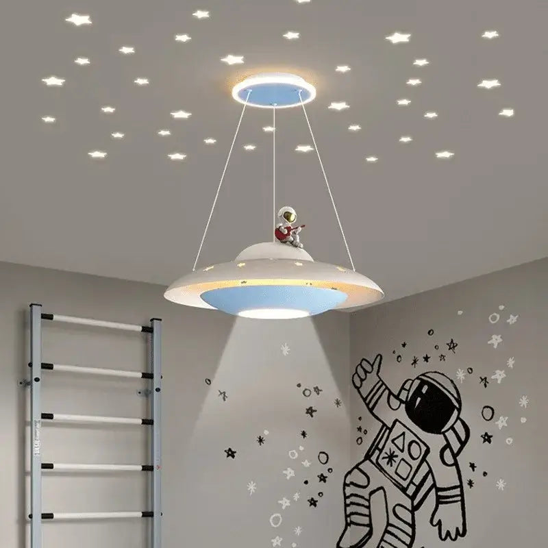 Whimsical white and blue ufo pendant light with astronaut figurine decorbites cartoon astronaut chandelier for bedroom decor