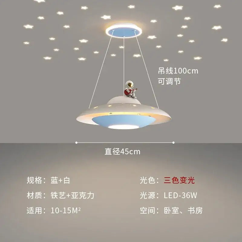 Blue and white metallic pendant light shaped like a ufo with a cartoon astronaut chandelier decorbites design for bedroom
