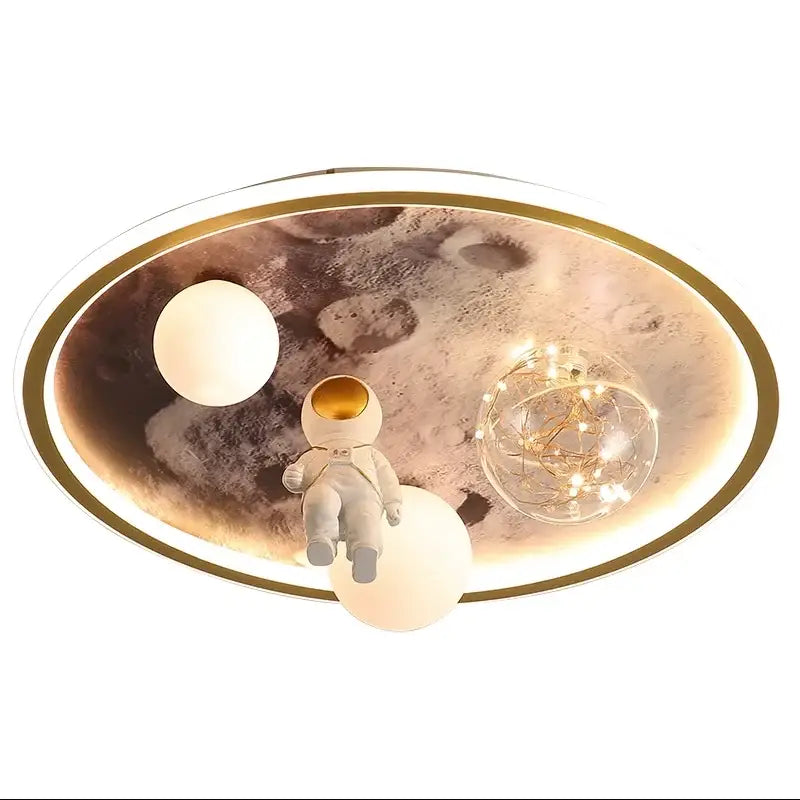 Oval-shaped ceiling lamp with cartoon astronaut figurine and glowing spheres on textured lunar surface for kids bedroom decorbites cartoon astronaut