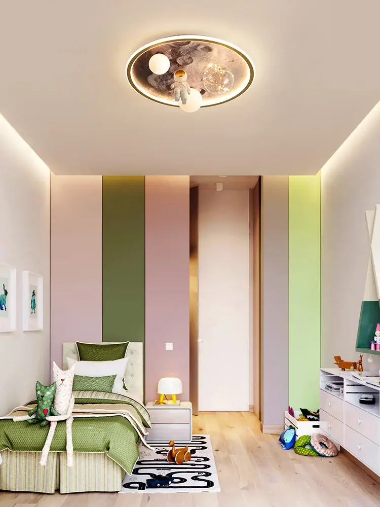 Circular ceiling lamp with metallic frame featuring illuminated space-themed cartoon astronaut design for kids bedroom decorbites cartoon astronaut