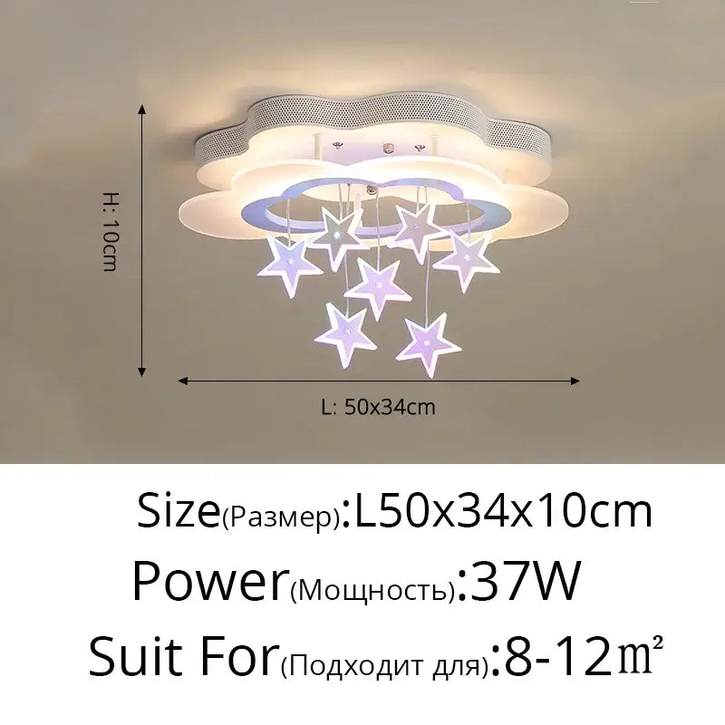 Whimsical decorbites cartoon bat led ceiling light with cloud shape and silver star ornaments glowing white and purple