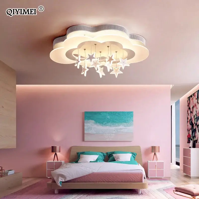 Cartoon bat led ceiling light with white cloud-shaped body and silver star ornaments for bedroom decorbites decor