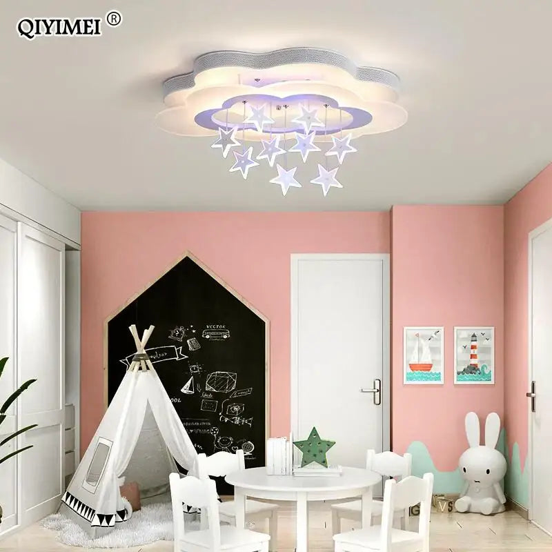 Cartoon bat led ceiling light white and silver star decorbites cartoon bat with cloud shape and hanging star ornaments