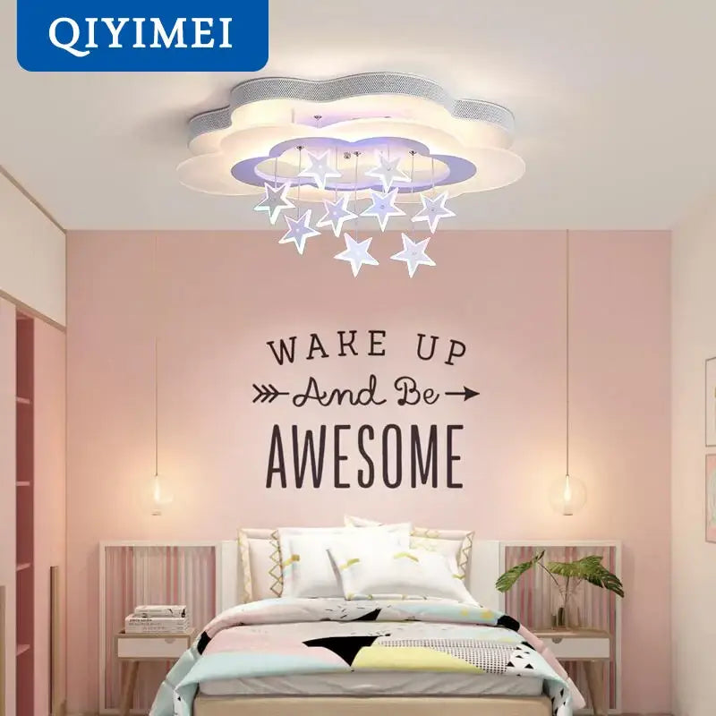 Cloud-shaped cartoon bat led ceiling light in white and silver with star-shaped led ornaments for bedroom decorbites decor