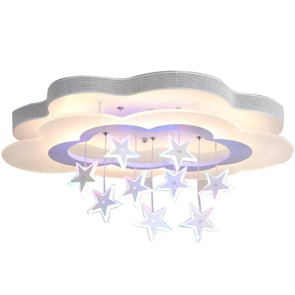 Cloud-shaped ceiling light with silver perforated rim soft white and purple led lighting and dangling stars for decorbites cartoon bat bedroom decor