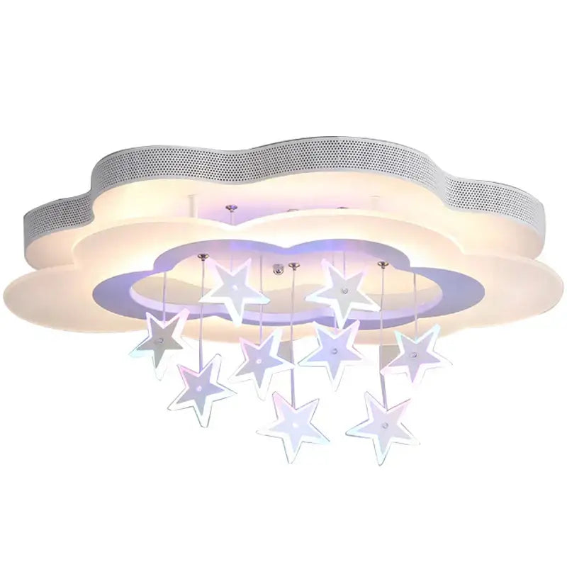 Cloud-shaped ceiling light with silver perforated rim soft white and purple led lighting and dangling stars for decorbites cartoon bat bedroom decor