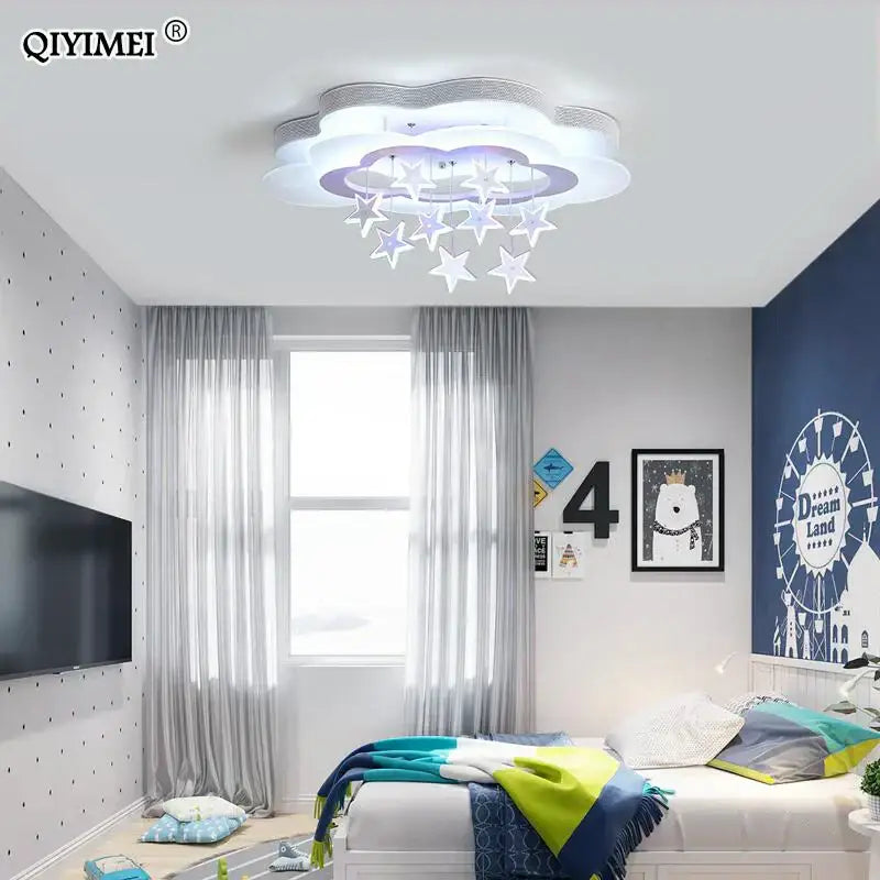 Cartoon bat led ceiling light with white and silver finish featuring cloud shape and purple blue star decorbites decor