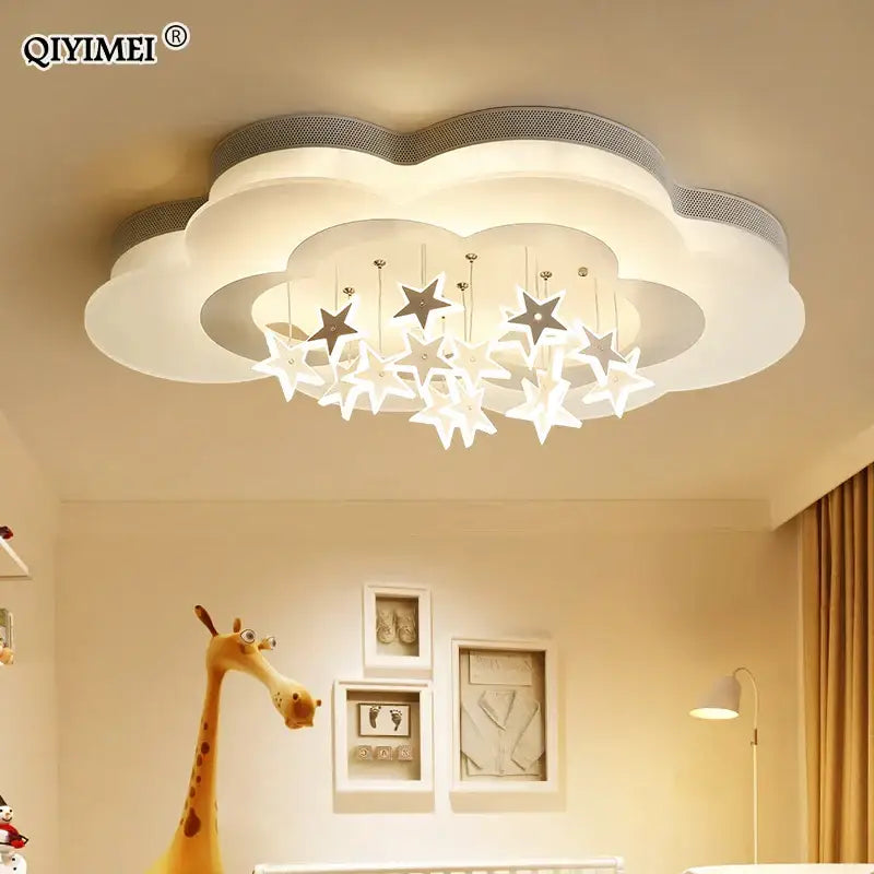 Cloud-shaped ceiling light with white and gray design and hanging star ornaments for decorbites cartoon bat led decor