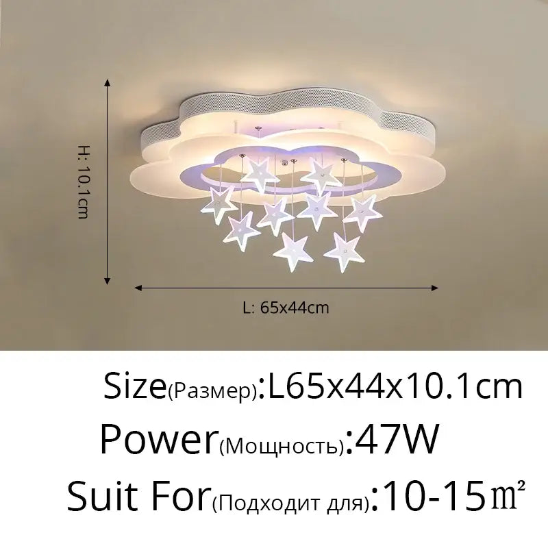 Cloud-shaped cartoon bat led ceiling light in white and purple with hanging silver star decorbites cartoon bat bedroom decor
