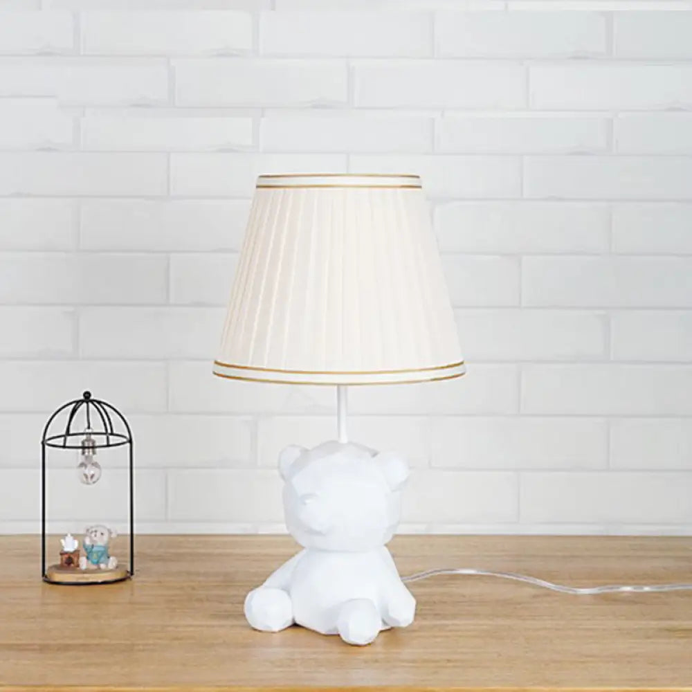 Cartoon Bear Barrel Fabric Table Light - White/Blue Night Lamp with Resin Base