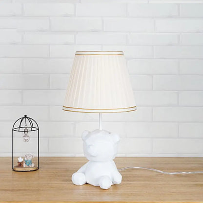 Cartoon Bear Barrel Fabric Table Light - White/Blue Night Lamp with Resin Base