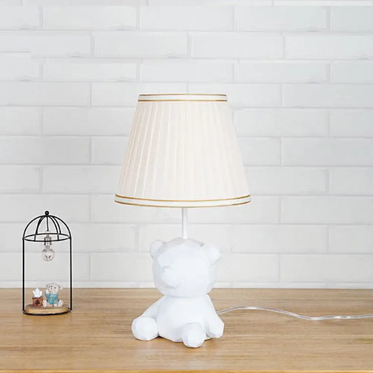 Cartoon Bear Barrel Fabric Table Light - White/Blue Night Lamp with Resin Base