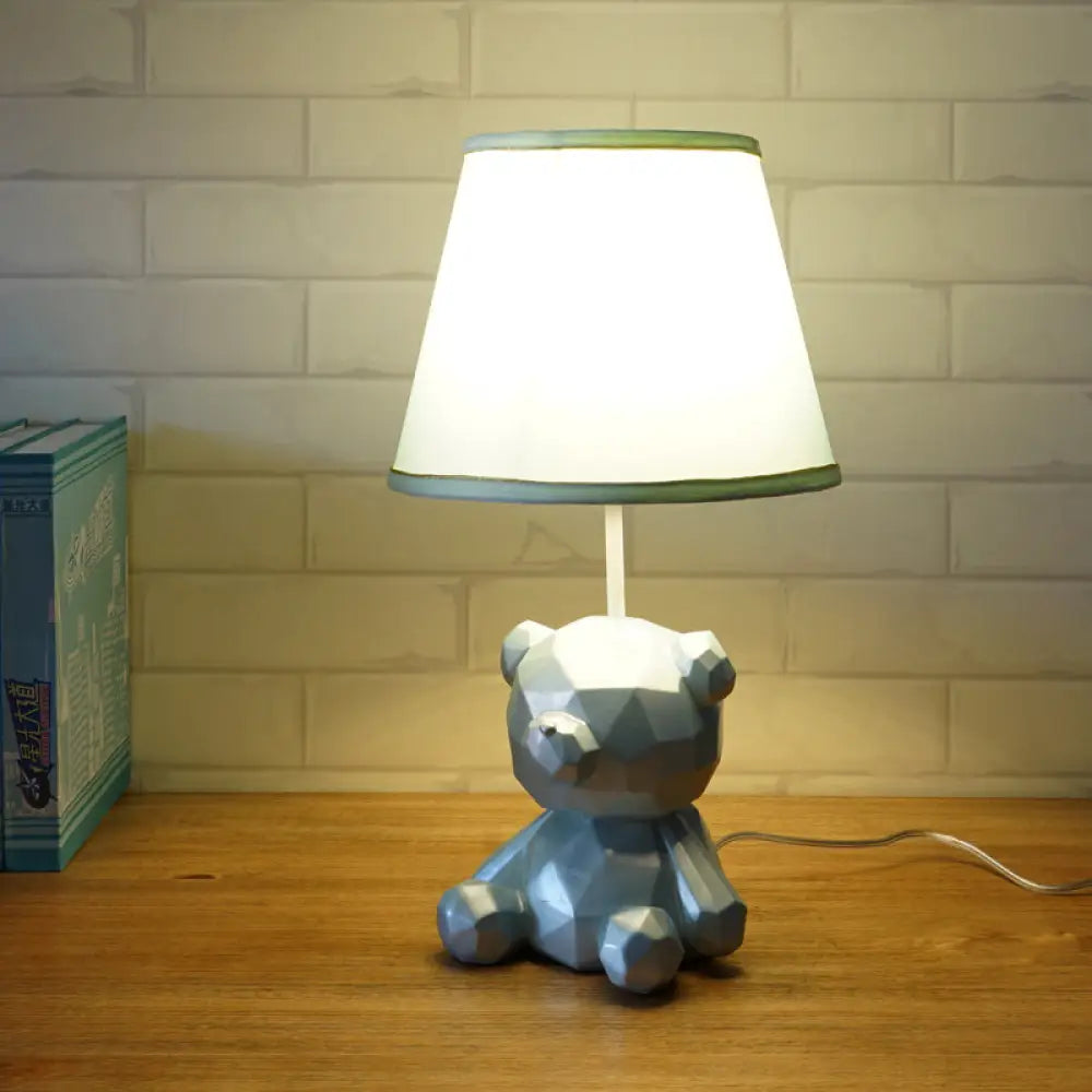 Cartoon Bear Barrel Fabric Table Light - White/Blue Night Lamp with Resin Base