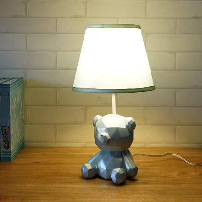 Cartoon Bear Barrel Fabric Table Light - White/Blue Night Lamp with Resin Base