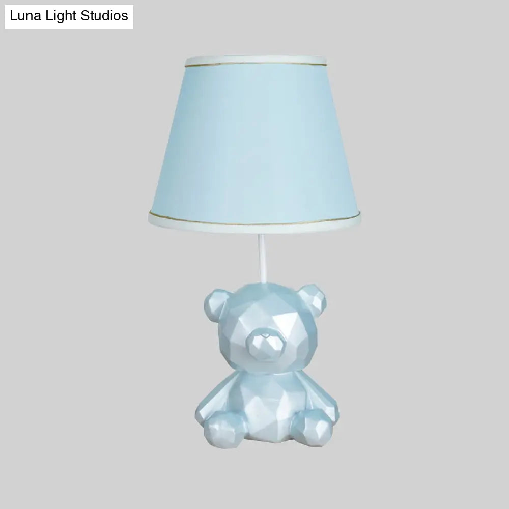 Cartoon Bear Barrel Fabric Table Light - White/Blue Night Lamp with Resin Base
