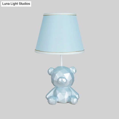 Cartoon Bear Barrel Fabric Table Light - White/Blue Night Lamp with Resin Base