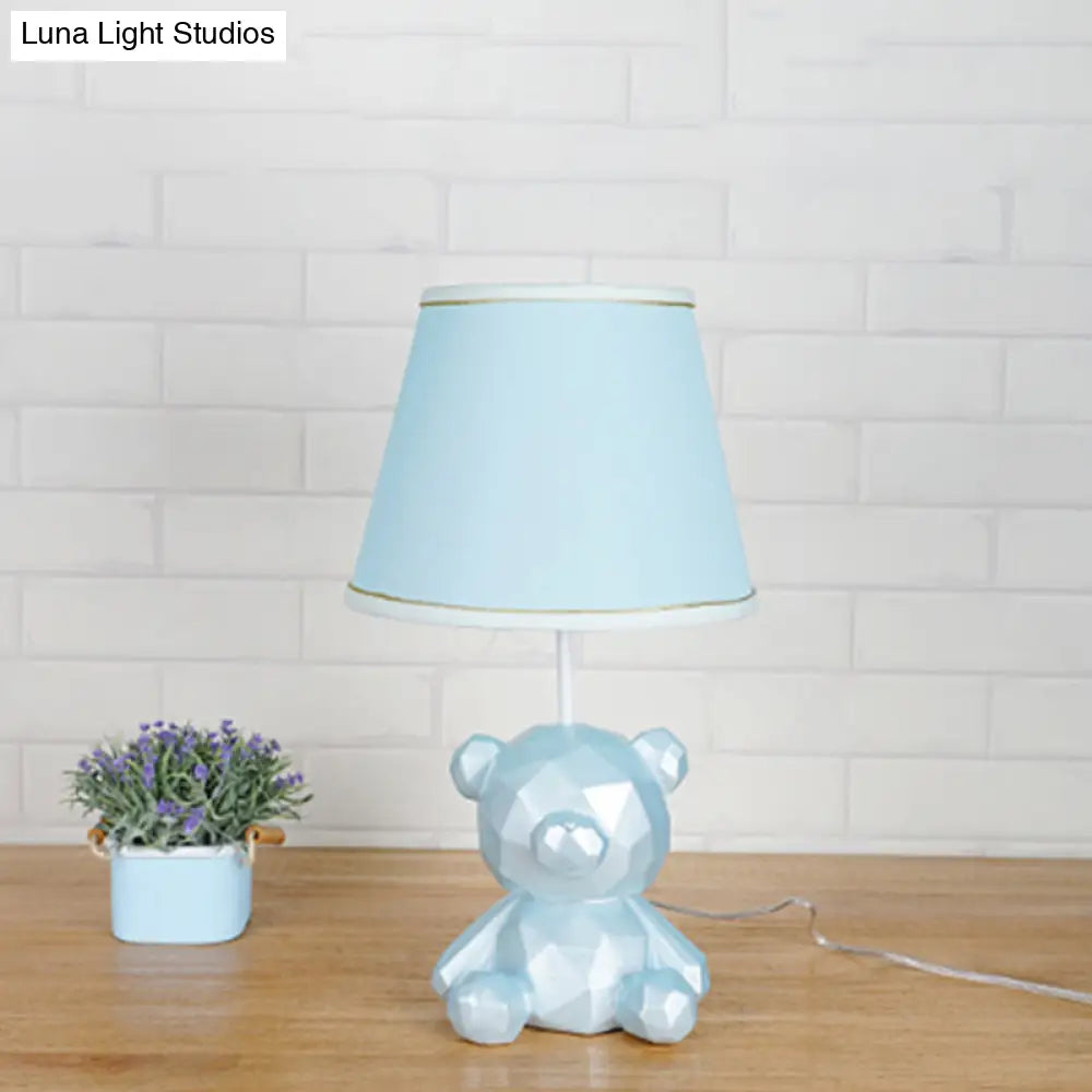 Cartoon Bear Barrel Fabric Table Light - White/Blue Night Lamp with Resin Base