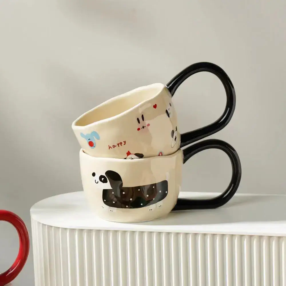 Cream-colored ceramic cartoon big ear cup mugs with black handles featuring pandas and rabbits for kitchen decorbites decor
