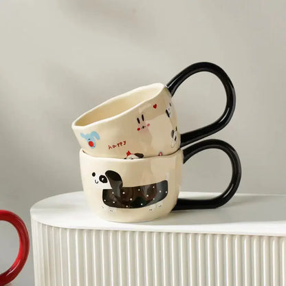 Cream-colored ceramic cartoon big ear cup mugs with black handles featuring pandas and rabbits for kitchen decorbites decor