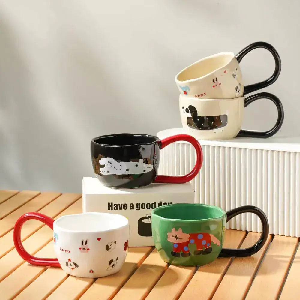 Cute ceramic mugs with colorful cartoon big ear animal designs and contrasting red black or green handles for kitchen decorbites cartoon big cup