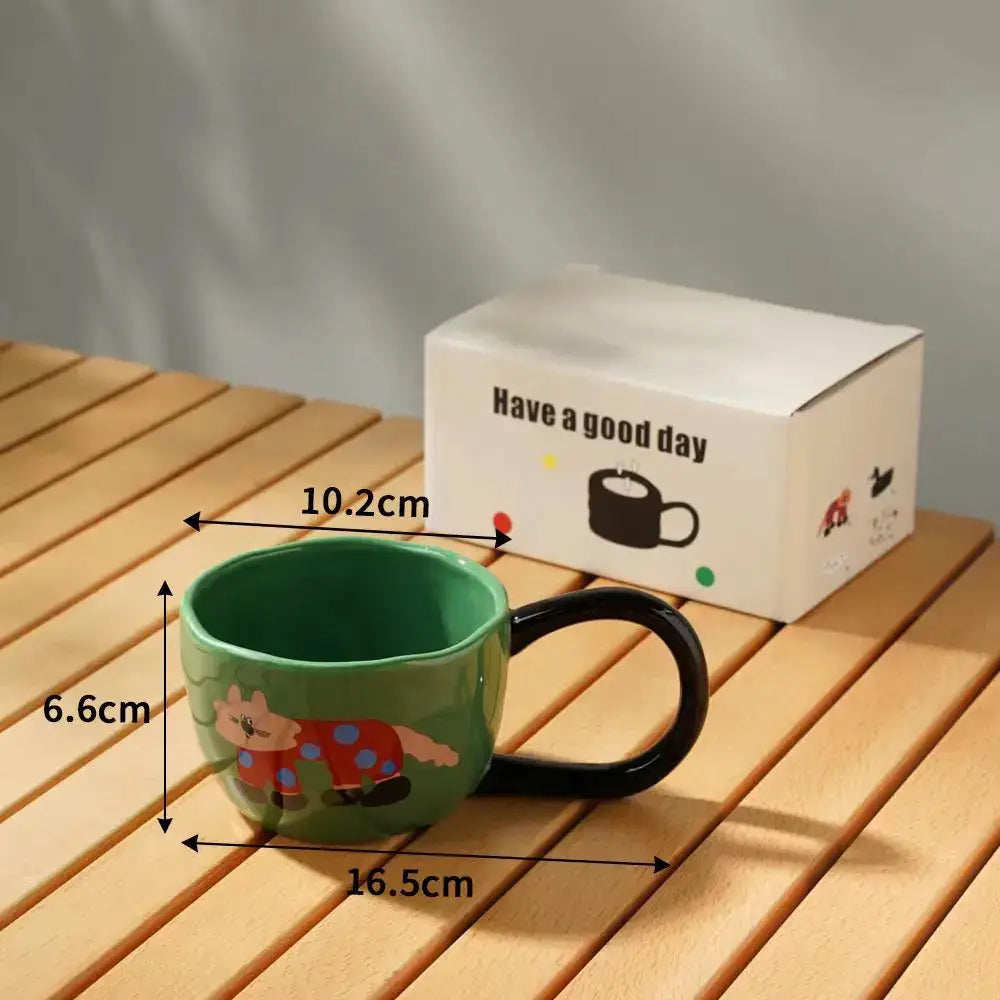 Green ceramic cartoon big ear cup mug with black handle featuring a red and blue pig design for kitchen decorbites decor