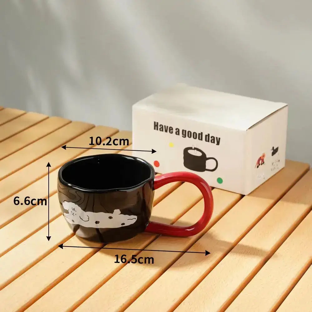 Black ceramic mug with red handle featuring a white cartoon animal design for decorbites cartoon big ear cup kitchen decor