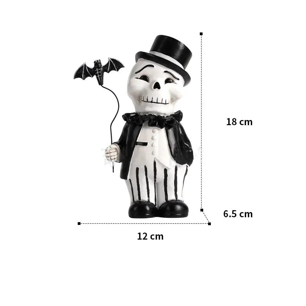 Cartoon black and white skeleton gentleman bat figurine dressed in tuxedo with top hat for living room decor