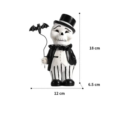 Cartoon black and white skeleton gentleman bat figurine dressed in tuxedo with top hat for living room decor